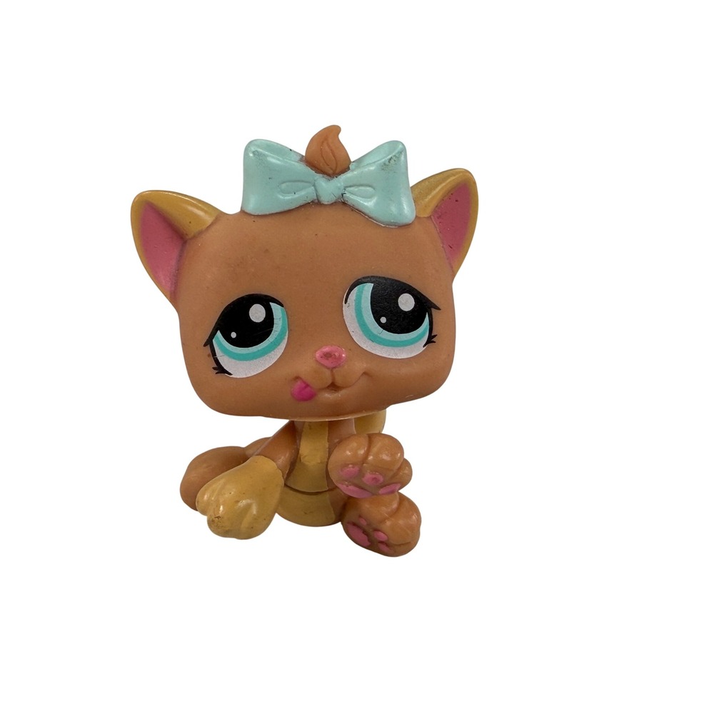 Hasbro Littlest Pet Shop Tan Persian Cat Teal Bow Blue Eyes LPS Figure 2118